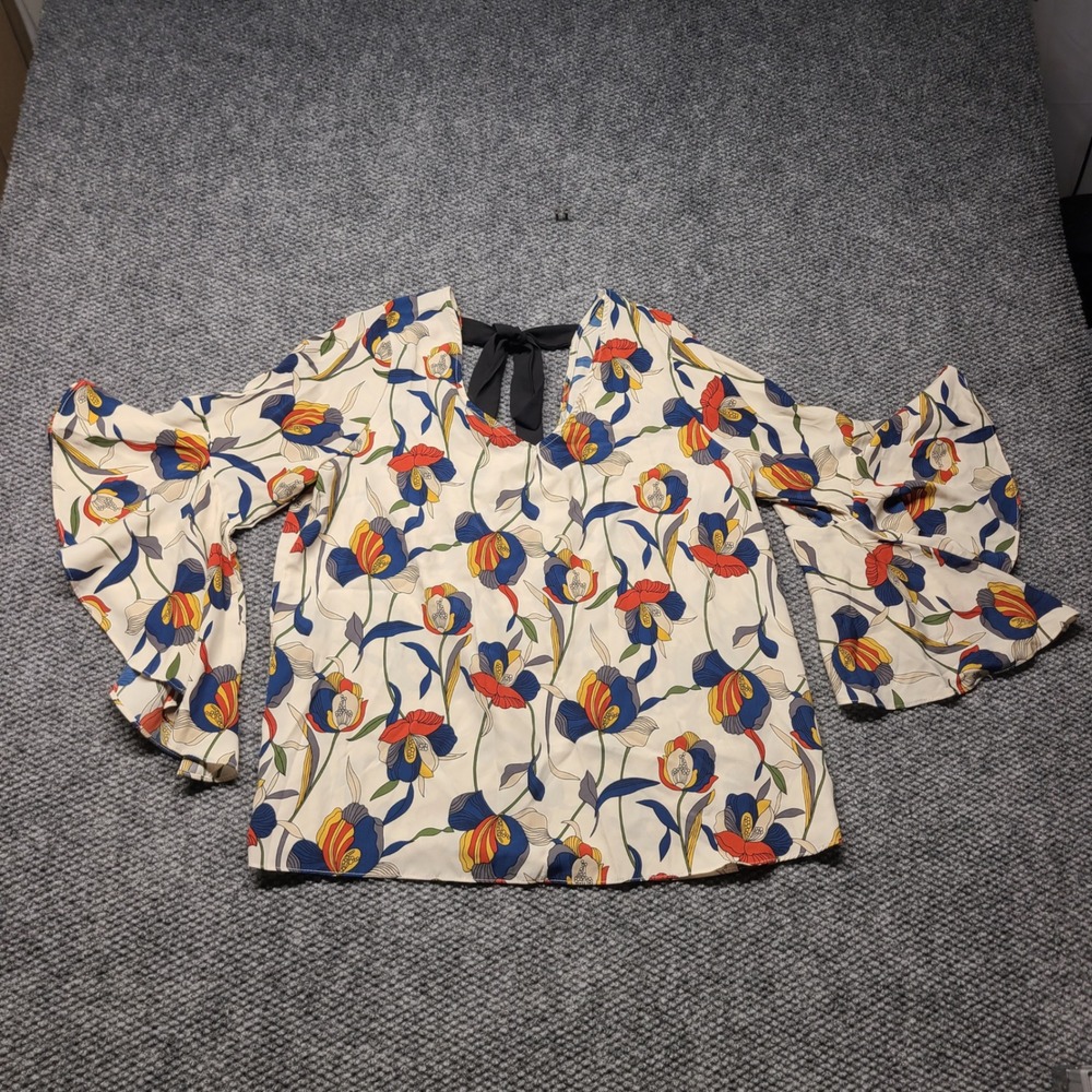 Green Envelope Los Angeles Floral Bell Sleeve Tie Back Blouse Cream Blue Large